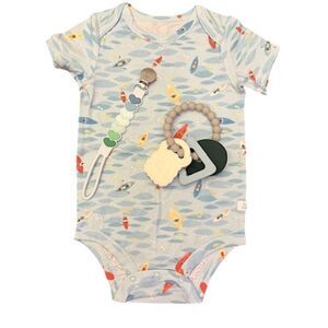 NWT Loulou Lollipop Set-Bodysuit Kayaks, Teething Ring, Paci Clip Size 6-12 Mnth